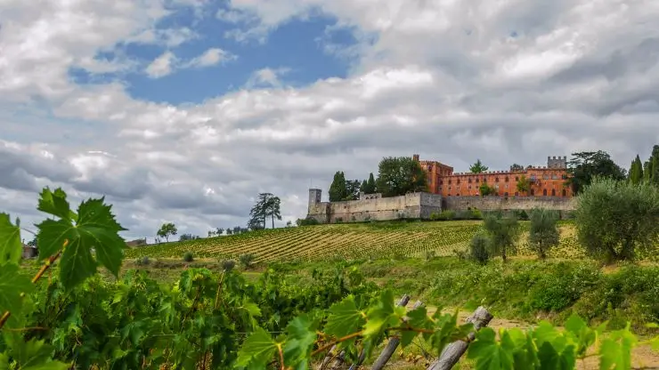 Veduta del Castello di Brolio tra i vigneti a Gaiole in Chianti, Toscana